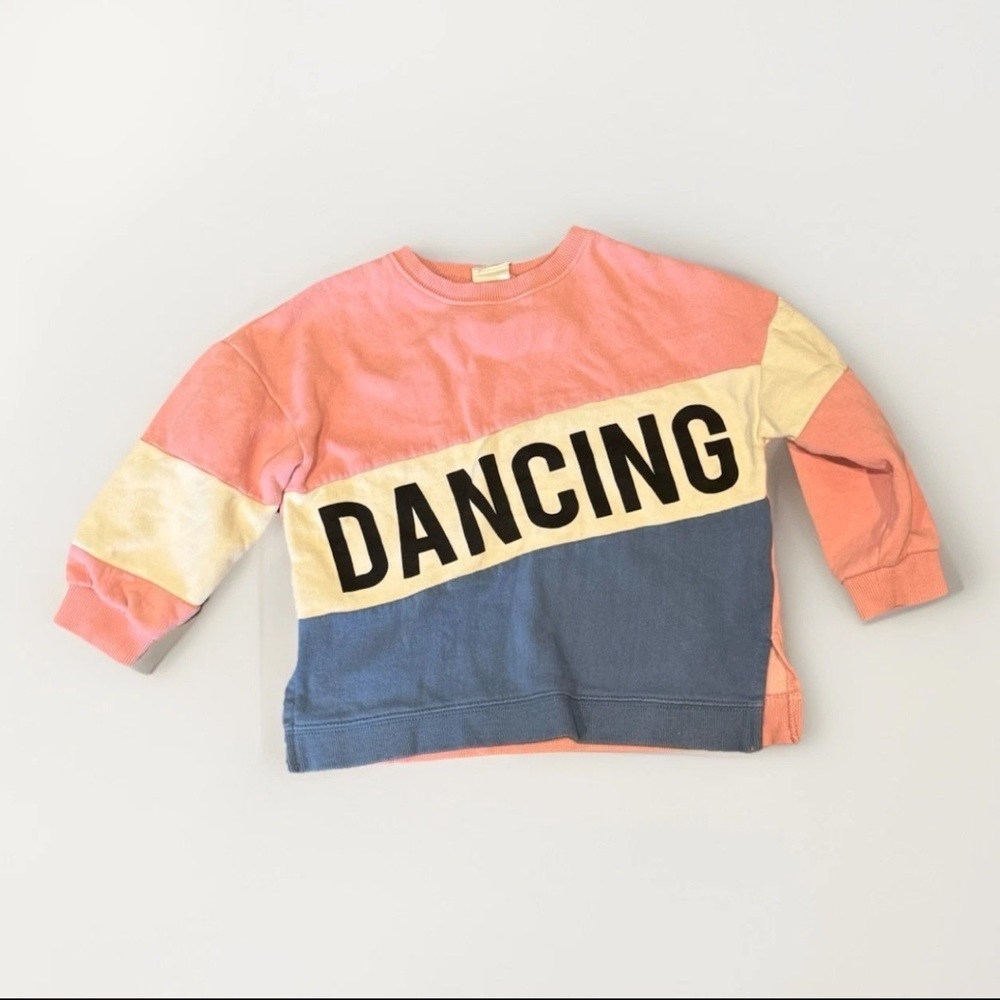 Zara Girls Size 7 Colorblock “DANCING” Graphic Sweatshirt Pink Blue Cozy